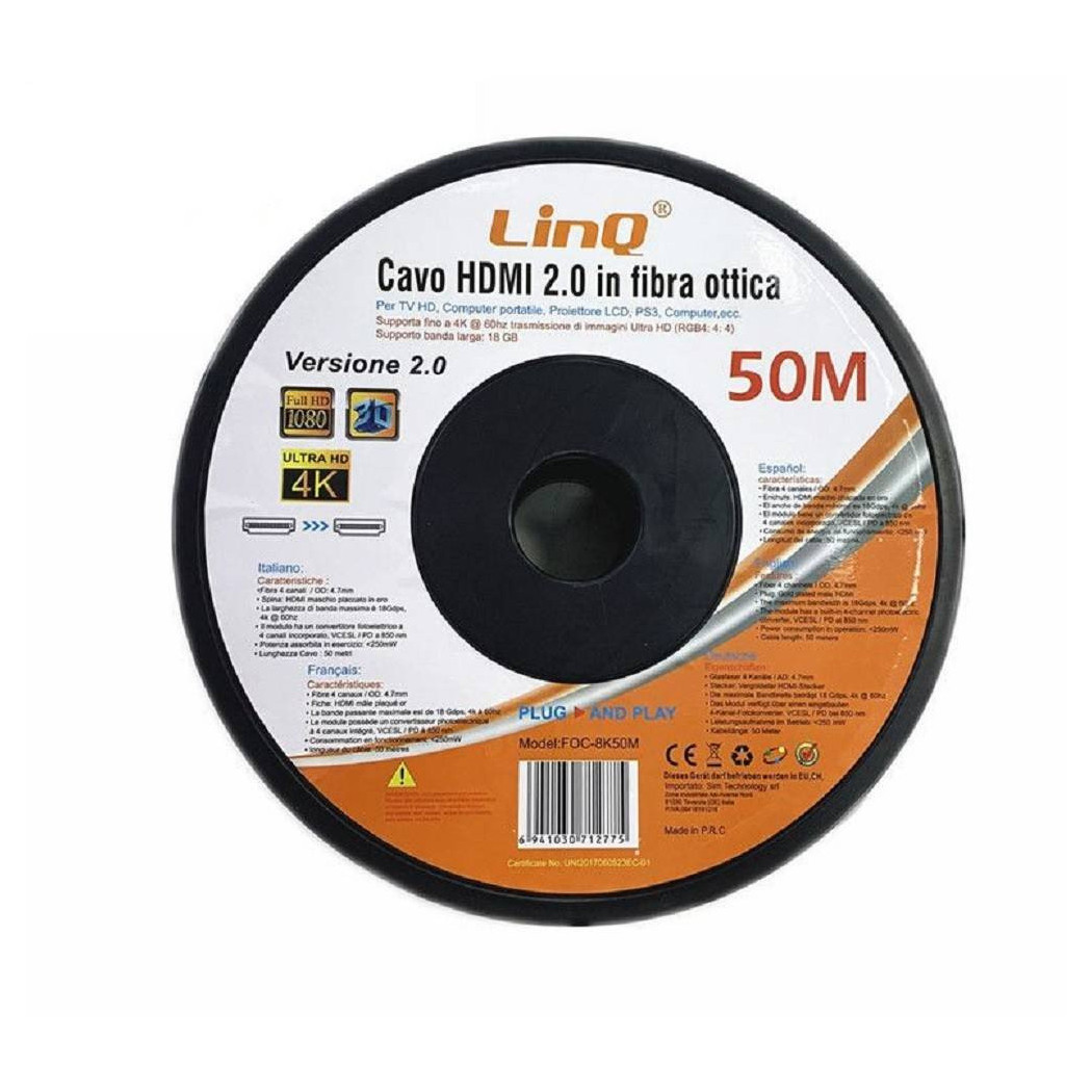 foto del prodotto trade shop cavo hdmi in fibra ottica ultra hd 4k 50mt tv hd computer proiettore lcd foc 8k50m 