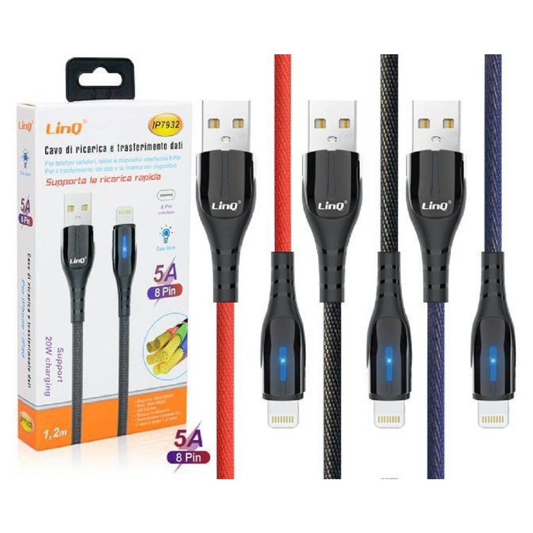 foto del prodotto trade shop cavo lightning 1,2mt 5a 20w ricarica rapida indicatore ricarica luminoso ip7932 
