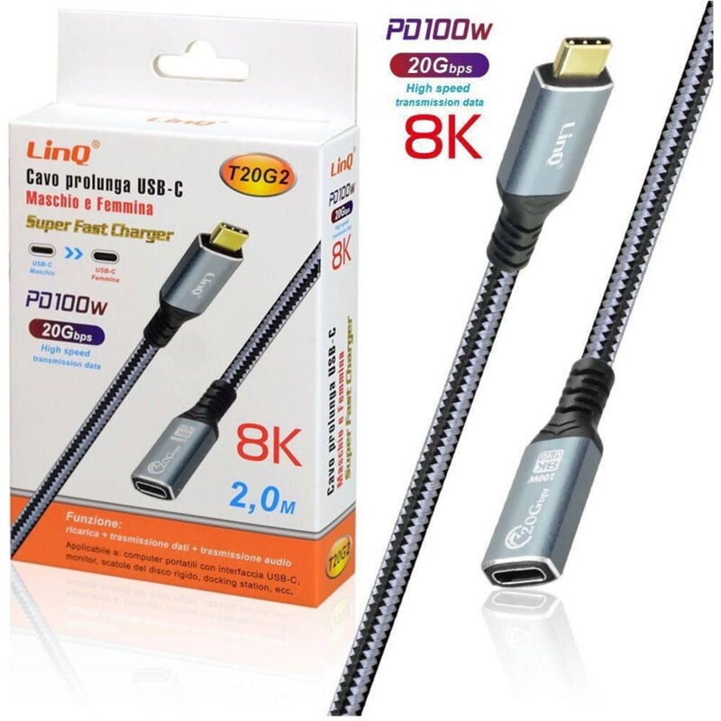 foto del prodotto trade shop cavo prolunga type c maschio femmina 2mt ricarica 100w risoluzione 8k 20gbps t20g2 