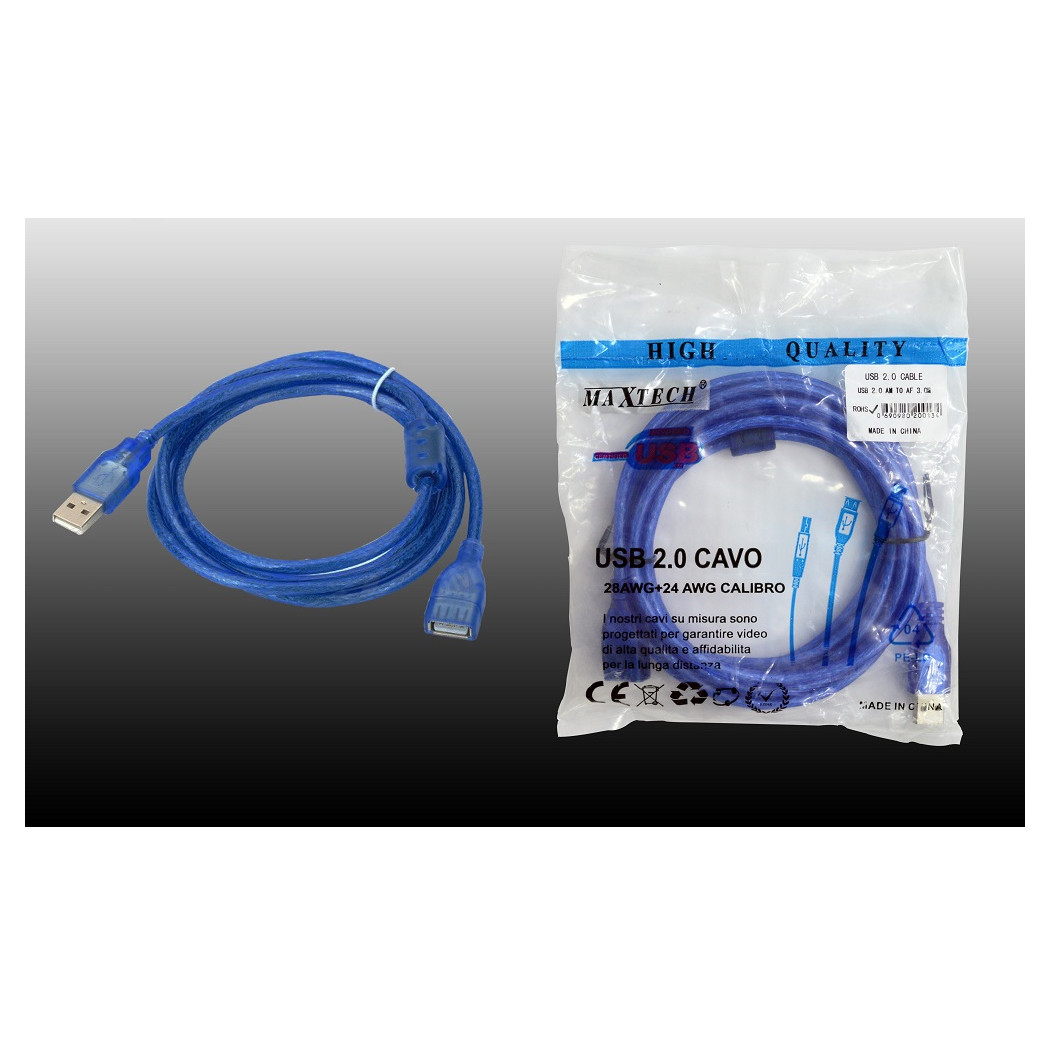 foto del prodotto trade shop cavo prolunga usb 2.0 m f per pc computer 3 metri maxtech usb 2.0 am to af 3.0m 