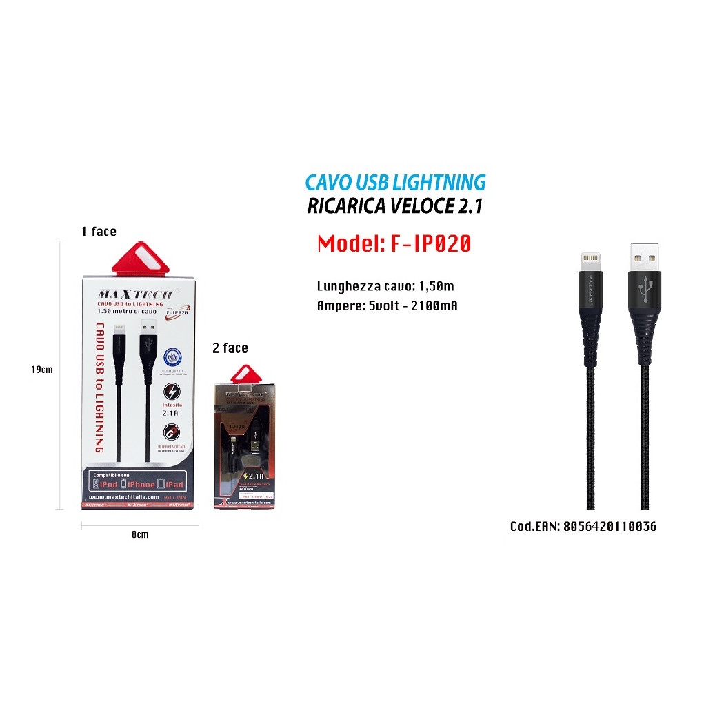 foto del prodotto trade shop cavo usb 1,5mt caricabatteria usb 2.1 lightning iphone ipad ipod maxtech f ip020 