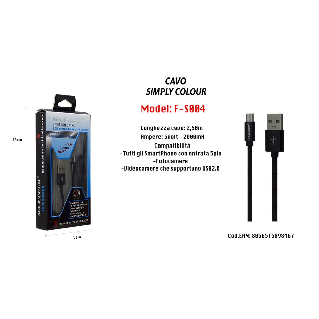 foto del prodotto trade shop cavo usb android 5pin 2.50 mt 5v 2100ma per smartphone fotocamere maxtech f s004 nero 