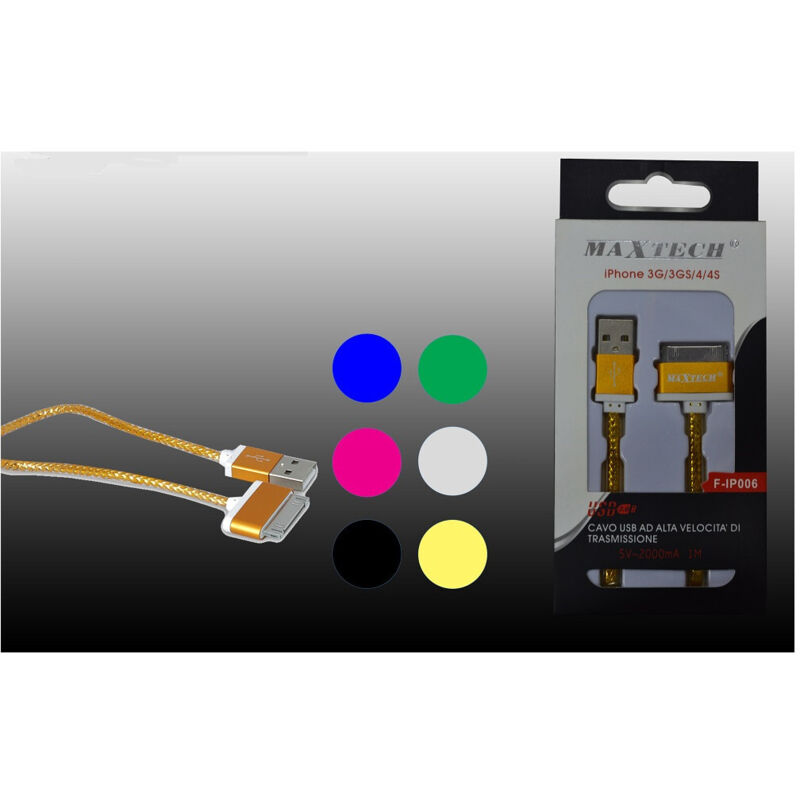 foto del prodotto trade shop cavo usb dati apple per iphone 3gs 3g 4 4s caricatore 5v 2000ma 1mt maxtech f ip006 