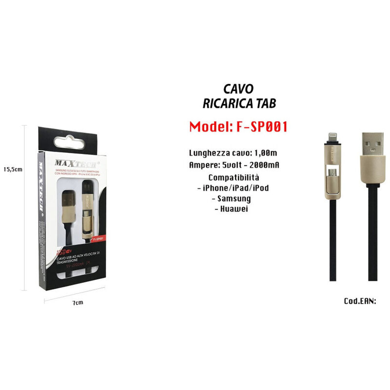 foto del prodotto trade shop cavo usb ricarica tab per iphone samsung huawei 5volt 2000ma 1mt maxtech f sp001 