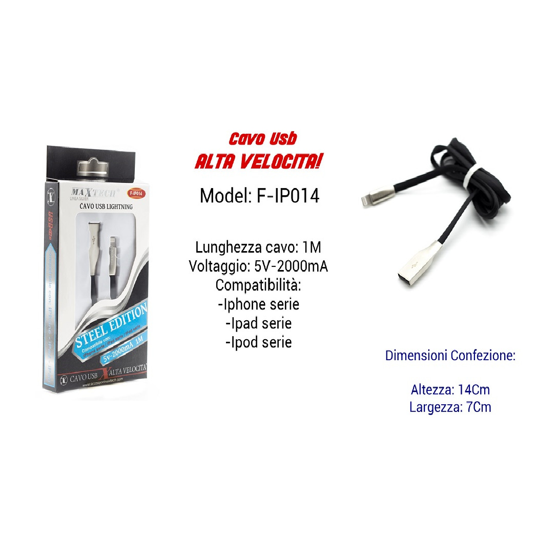 foto del prodotto trade shop cavo usb ricarica veloce x iphone ipad ipod 5volt 2000ma 1mt maxtech f ip014 