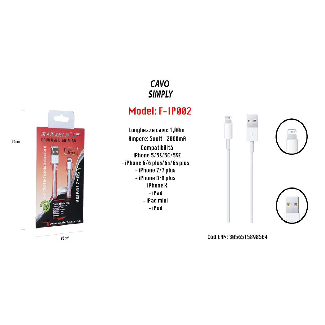 foto del prodotto trade shop cavo usb simply ricarica per iphone ipad ipod 1 mt 5volt 2000ma maxtech f ip002 