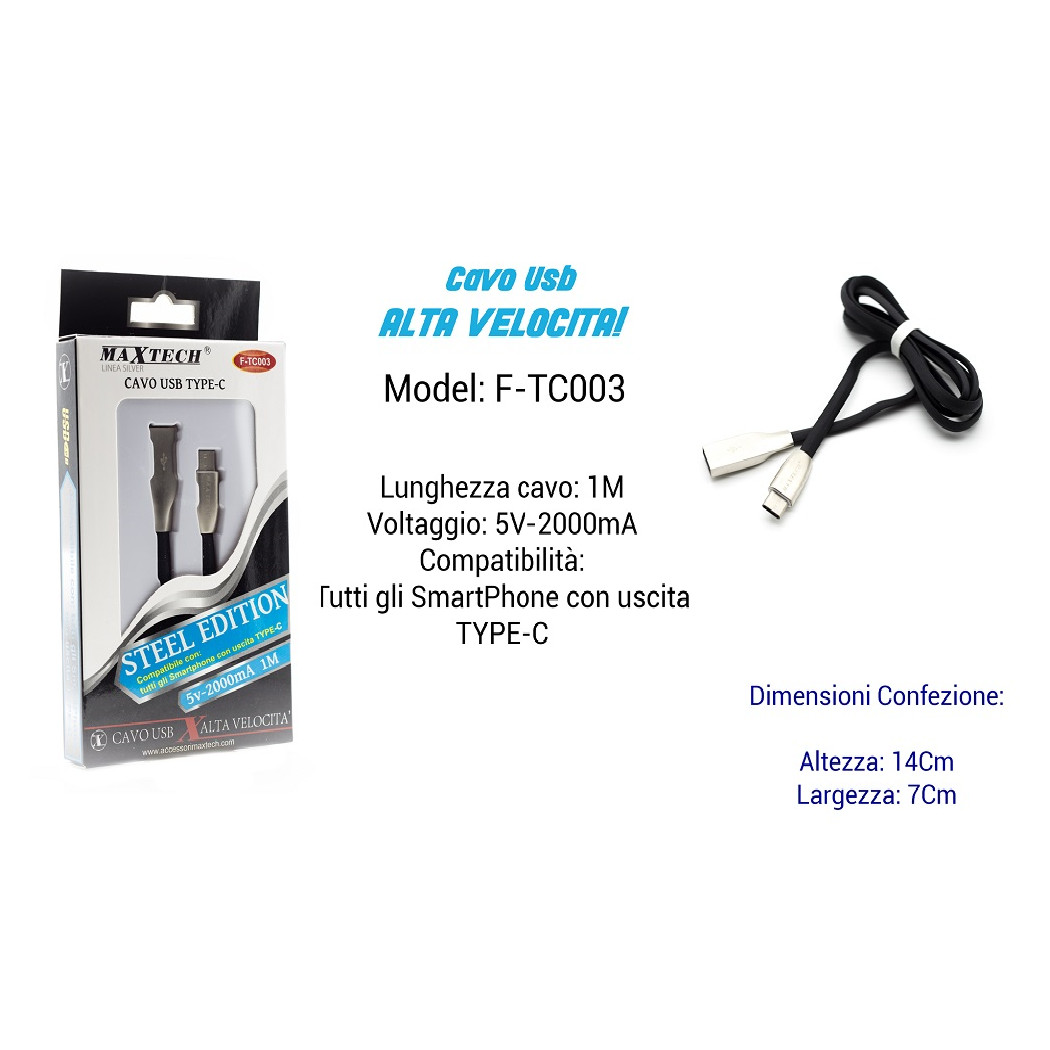 foto del prodotto trade shop cavo usb type c alta velocita 39 per smartphone 1mt ampere 5v 2000ma maxtech f tc003 