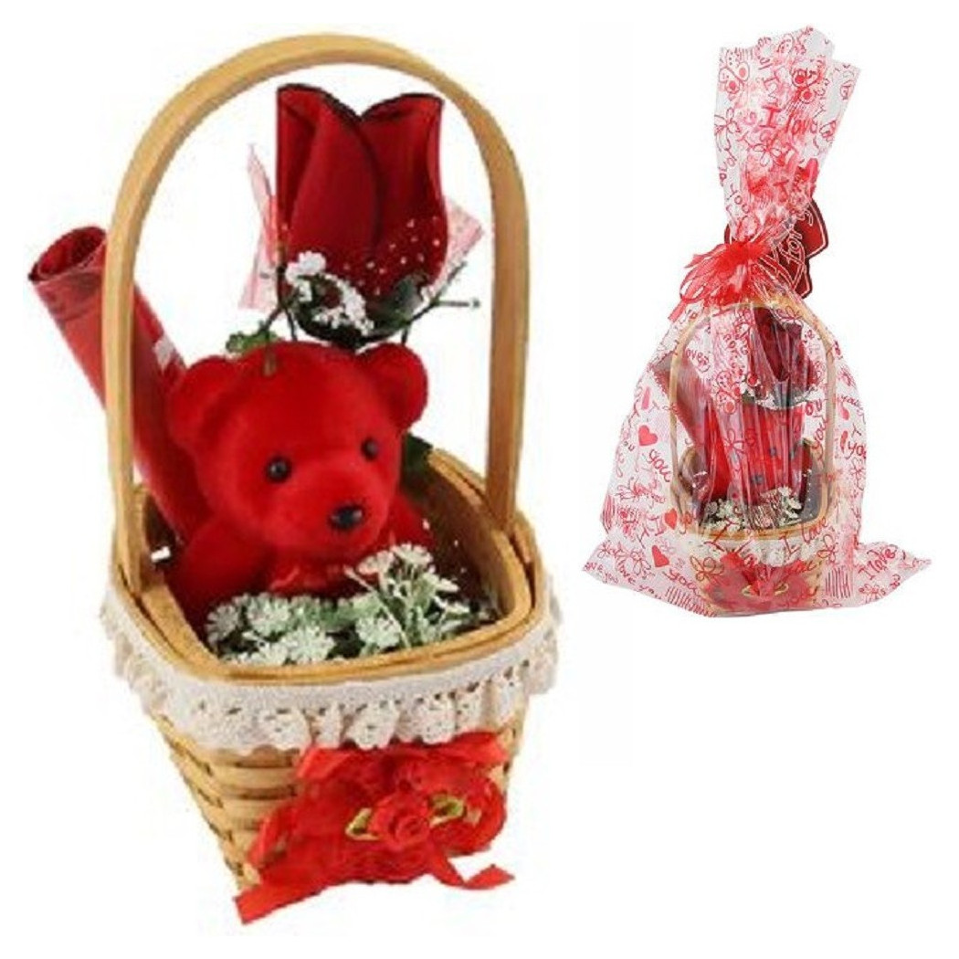 foto del prodotto trade shop cesta con peluche orsetto rosso idea regalo san valentino fiori confezione 63294 