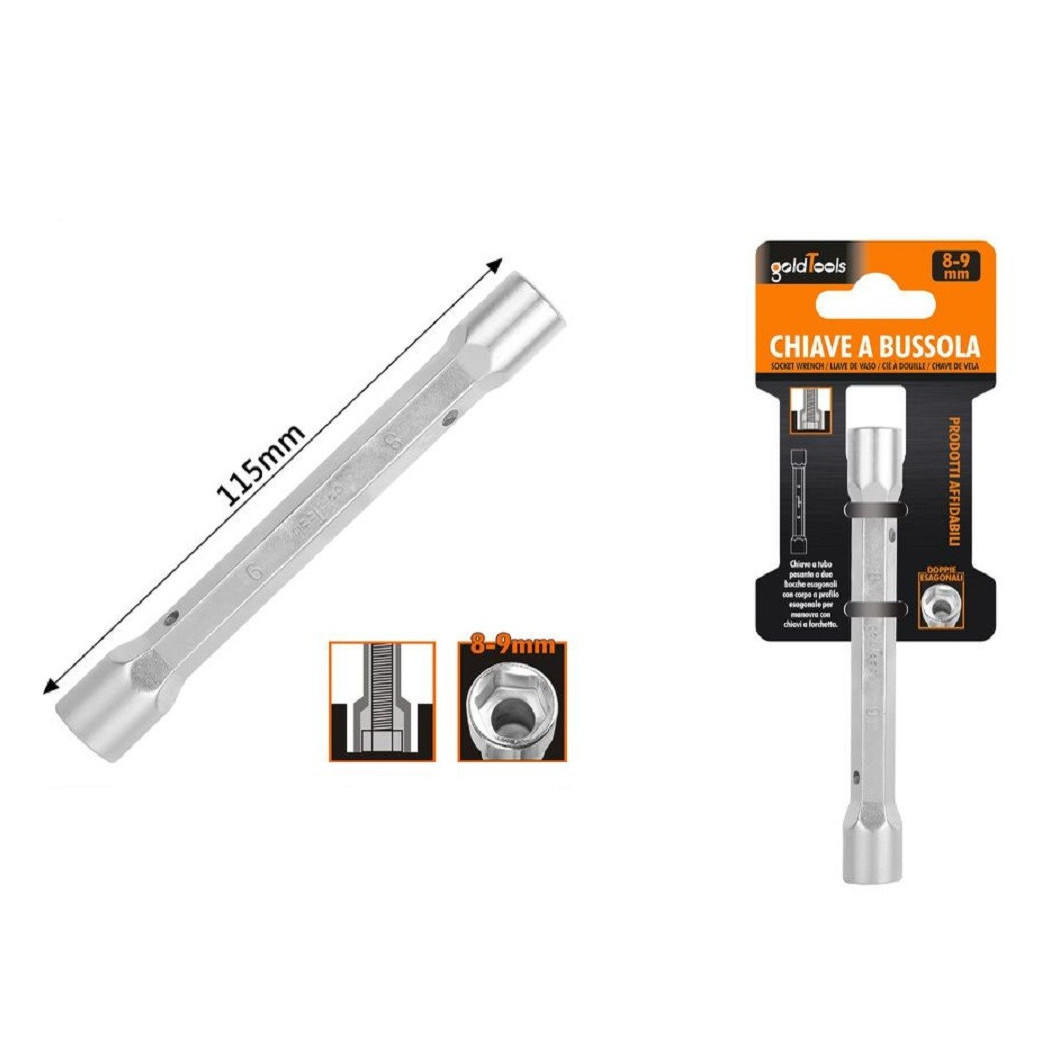 foto del prodotto trade shop - chiave a bussola tubo esagonale da 115 mm doppie bocche esagonali 8-9 mm 97548 -