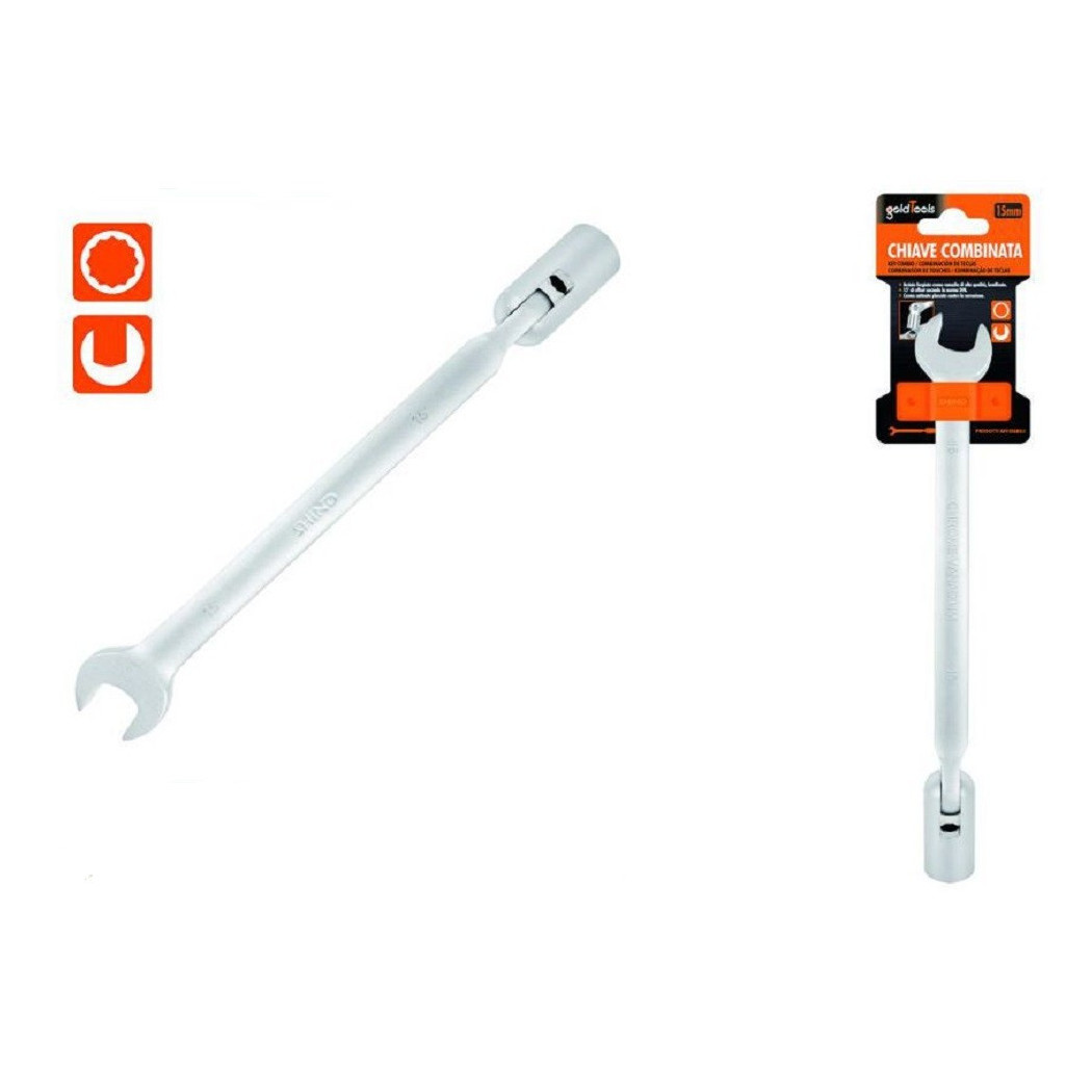 foto del prodotto trade shop - chiave combinata 15mm fissa e a bussola poligonale con snodo cromo vanadio 97563 -