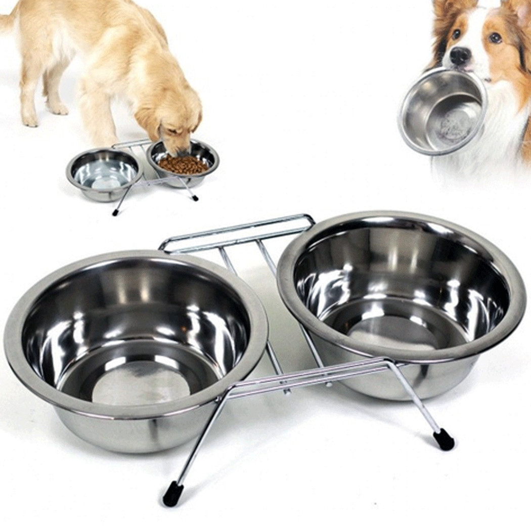 foto del prodotto trade shop ciotola doppia per cani 16 cm con supporto cibo acqua crocchette acciaio 