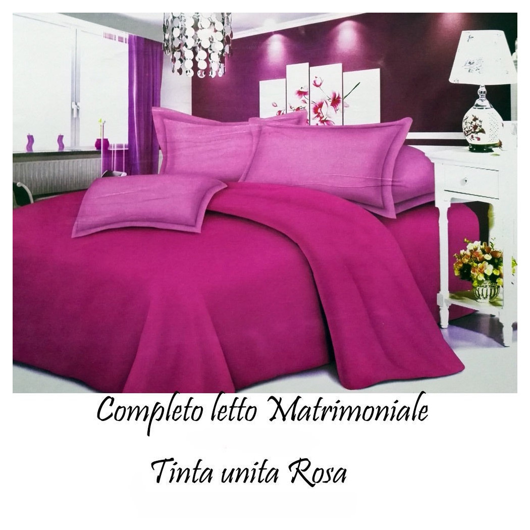 foto del prodotto trade shop completo letto lenzuola matrimoniale con copri cuscini tinta unita colore rosa 