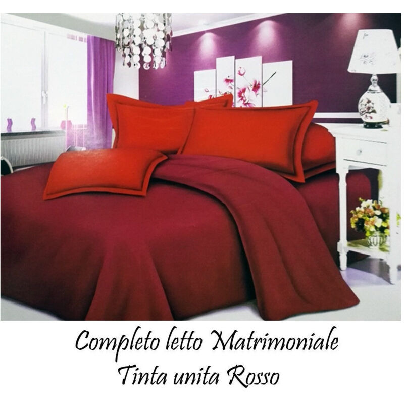 foto del prodotto trade shop completo letto lenzuola matrimoniale con copri cuscini tinta unita colore rosso 