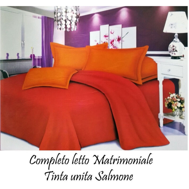 foto del prodotto trade shop completo letto lenzuola matrimoniale con copricuscini tinta unita colore salmone 