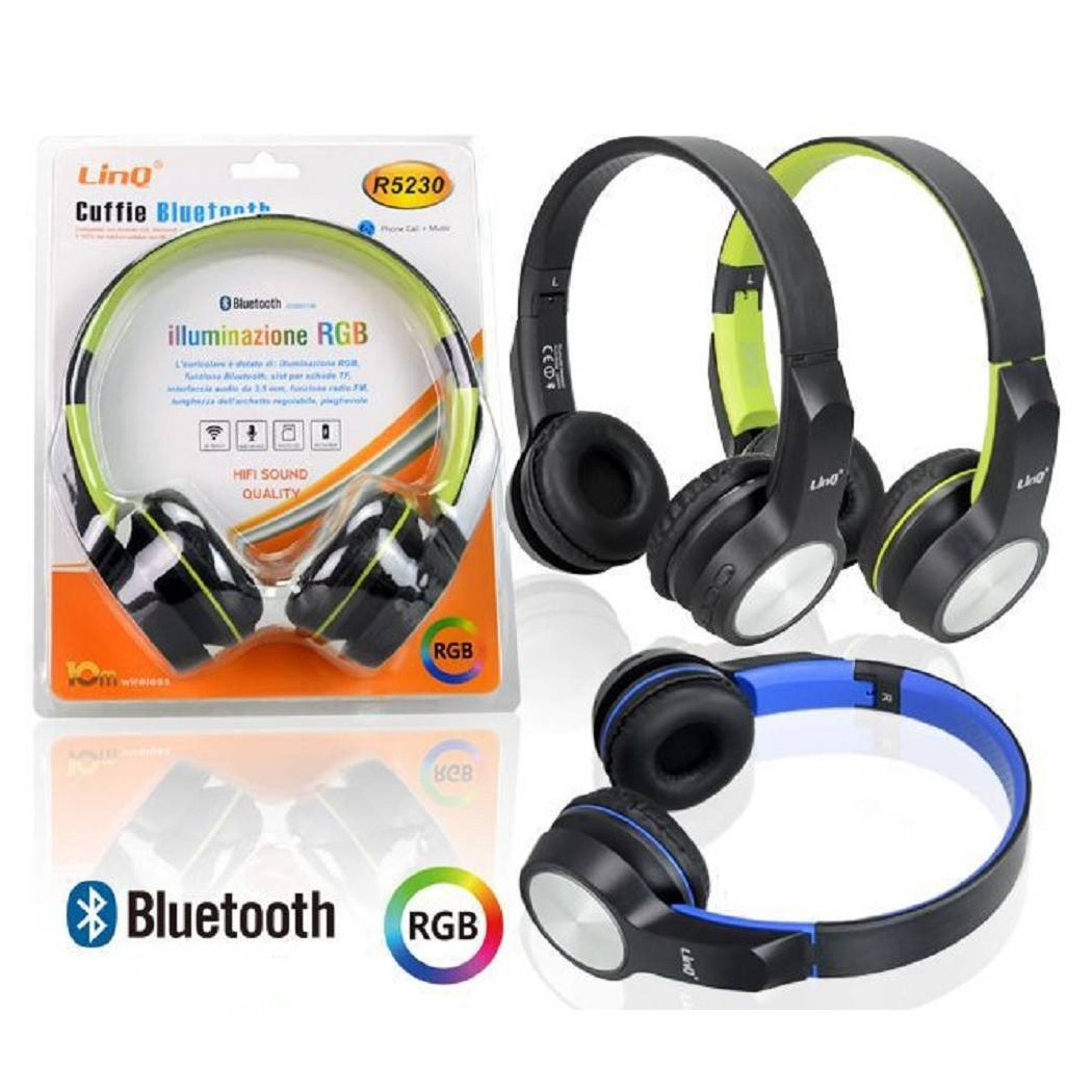 foto del prodotto trade shop cuffie bluetooth con illuminazione rgb funzione radio fm wireless 10 mt r5230 