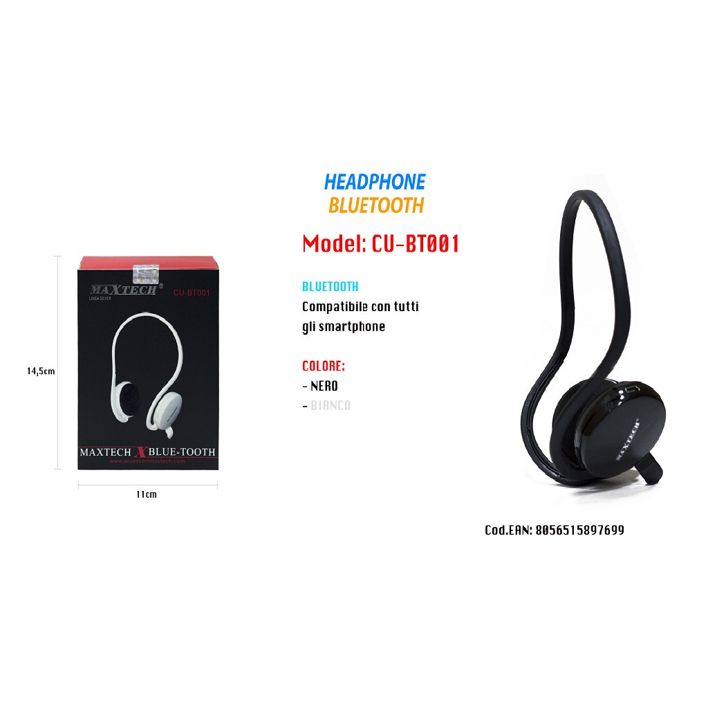 foto del prodotto trade shop cuffie bluetooth wireless con archetto da collo e microfono vivavoce maxtech cu bt001 