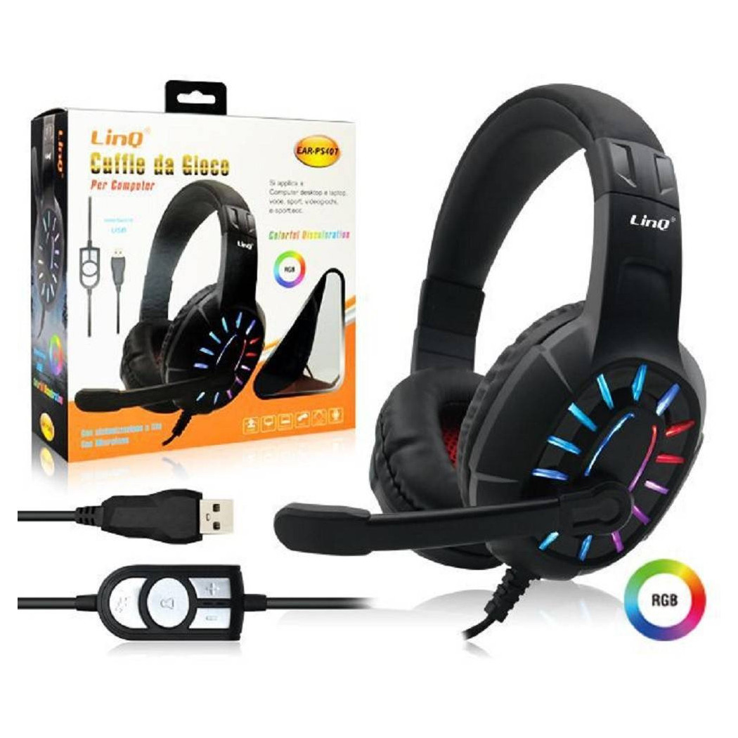 foto del prodotto trade shop cuffie da gioco headset con microfono led rgb gaming usb per pc computer ear ps407 
