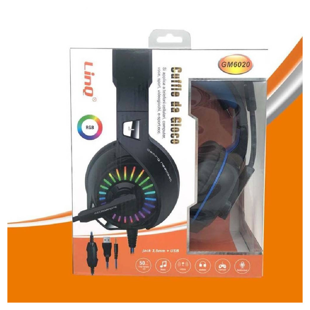 foto del prodotto trade shop cuffie stereo con microfono jack 3.5mm usb con led gaming giochi film pc gm6020 