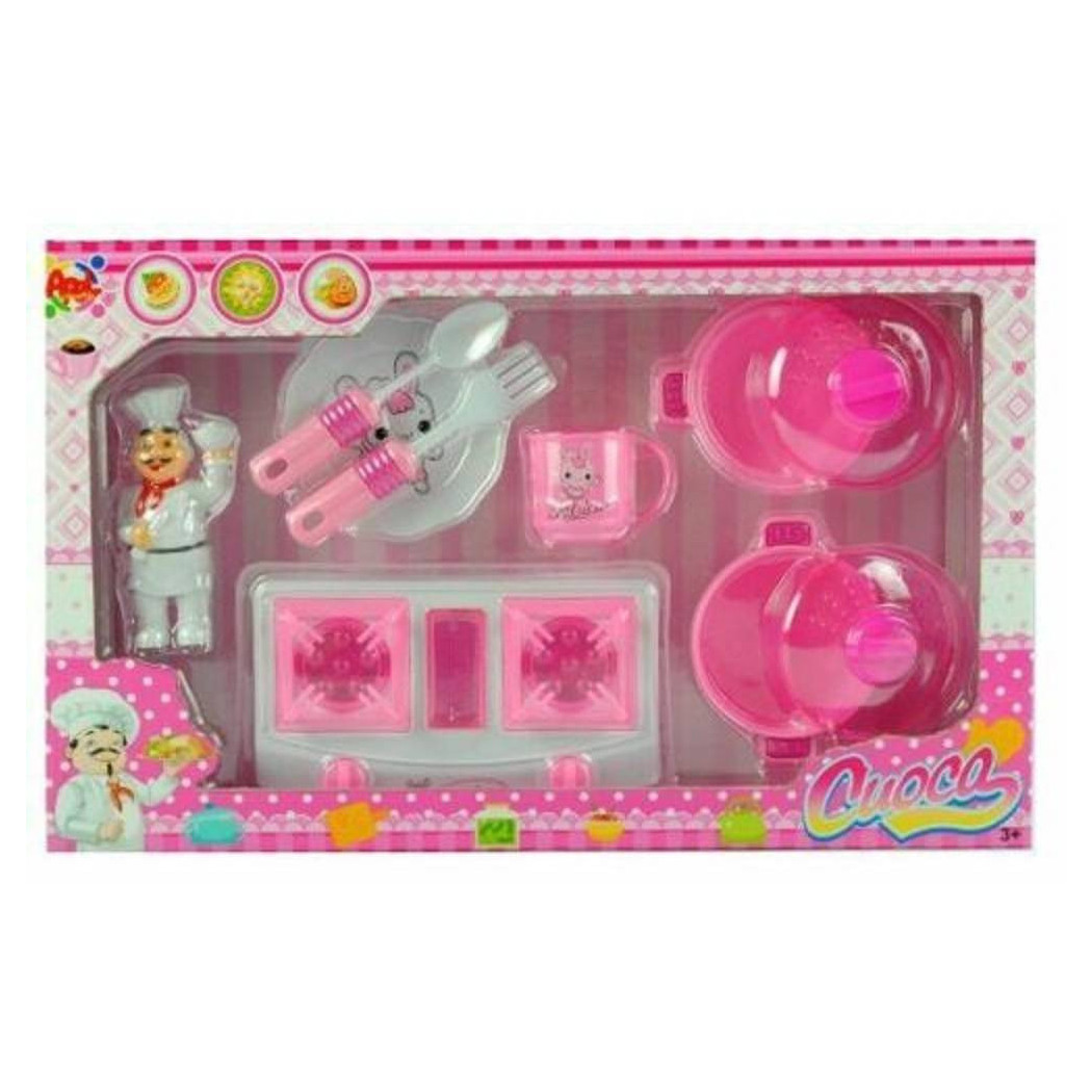 foto del prodotto trade shop cuoca miss chef fornello pentole piatto con posate giocattolo gioco bambina 