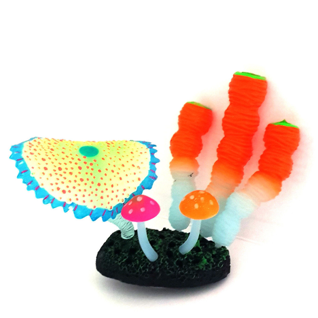 foto del prodotto trade shop decorazione pianta funghi acquario foglie di loto fungo fluorescente pesci 