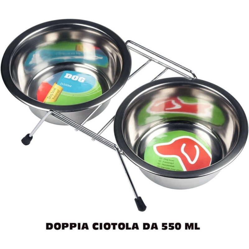 foto del prodotto trade shop doppia ciotola con supporto per cani 2x550ml per cibo acqua crocchette acciaio 