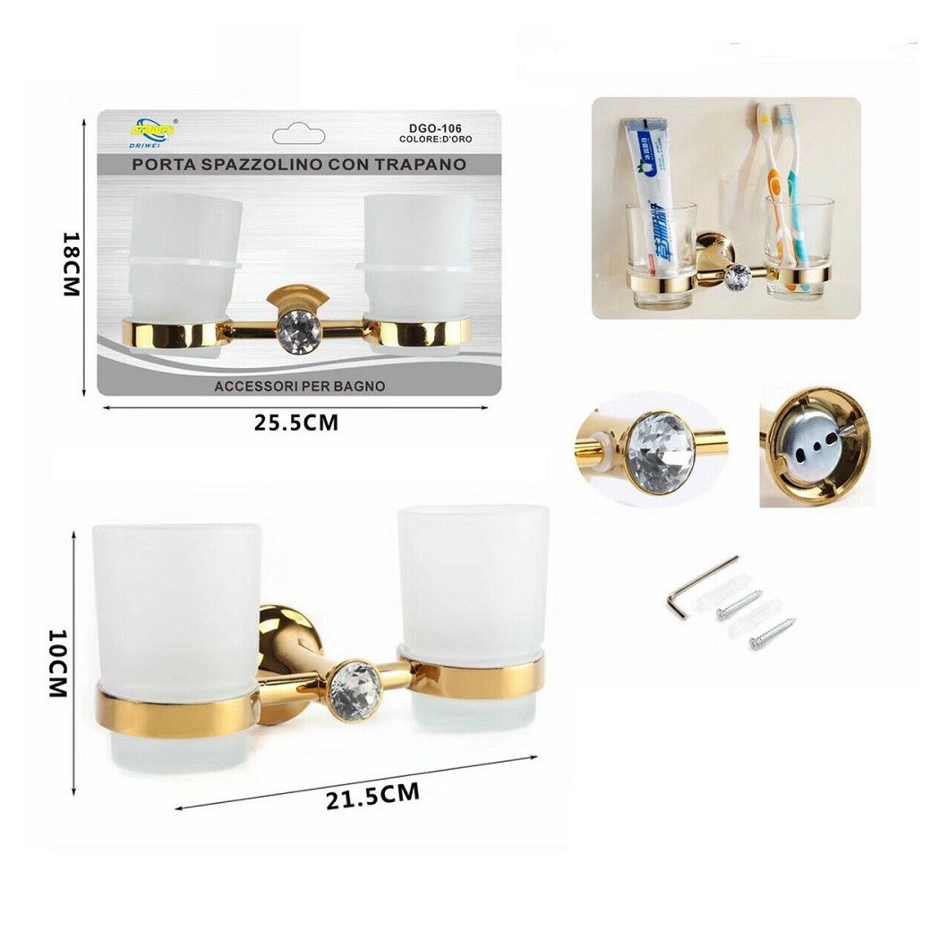 foto del prodotto trade shop doppio bicchiere supporto bagno porta spazzolino denti muro dorato oro dgo 106 