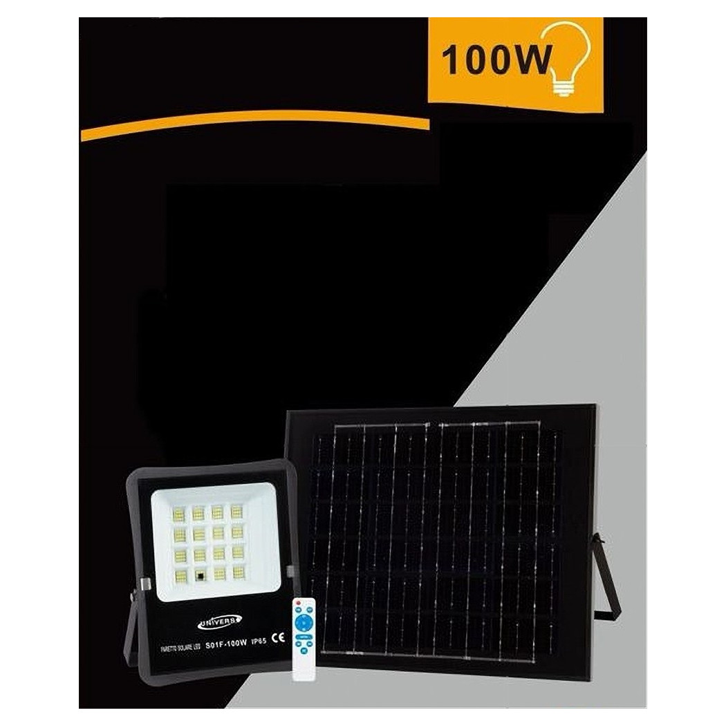 foto del prodotto trade shop faretto faro led solare 100w telecomando ip65 luce bianca fredda 6500k s01f 100w 