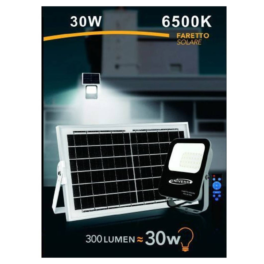 foto del prodotto trade shop faretto faro led solare 30w con telecomando ip65 luce bianco fredda 6500k fso30w 