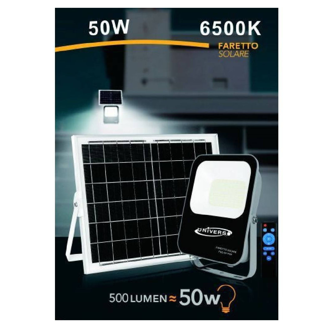 foto del prodotto trade shop faretto faro led solare 50watt telecomando ip65 luce bianco fredda 6500k fso 50w 