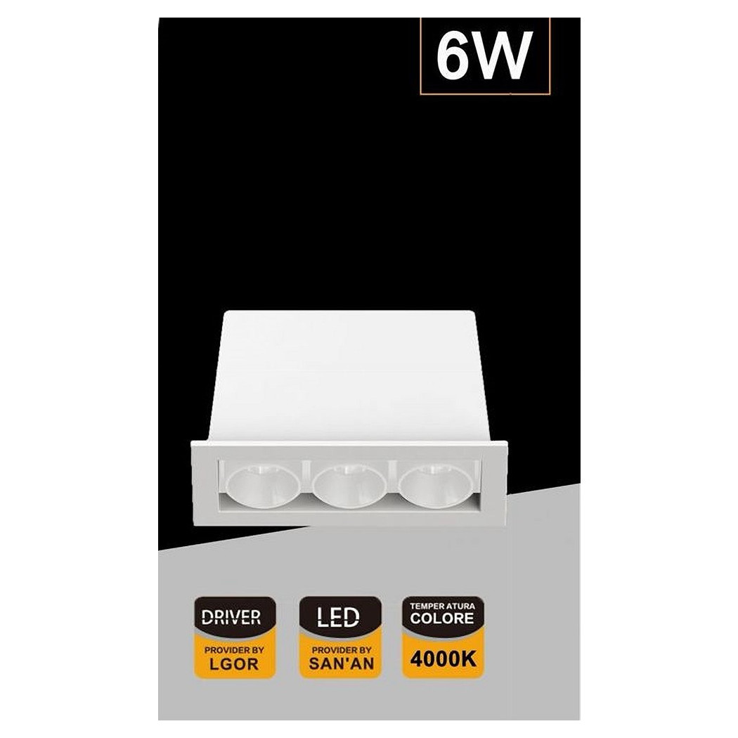foto del prodotto trade shop faretto led rettangolare da incasso 6watt luce 3000k 6000k 4000k moderno xtd 3 b bianco naturale 