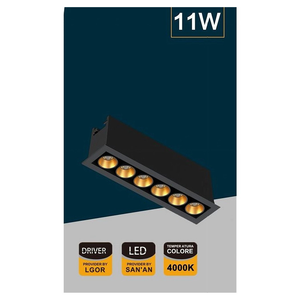foto del prodotto trade shop faretto led rettangolare incasso 11w luce 6000k 4000k 3000k moderno nero xtd 6 n bianco naturale 