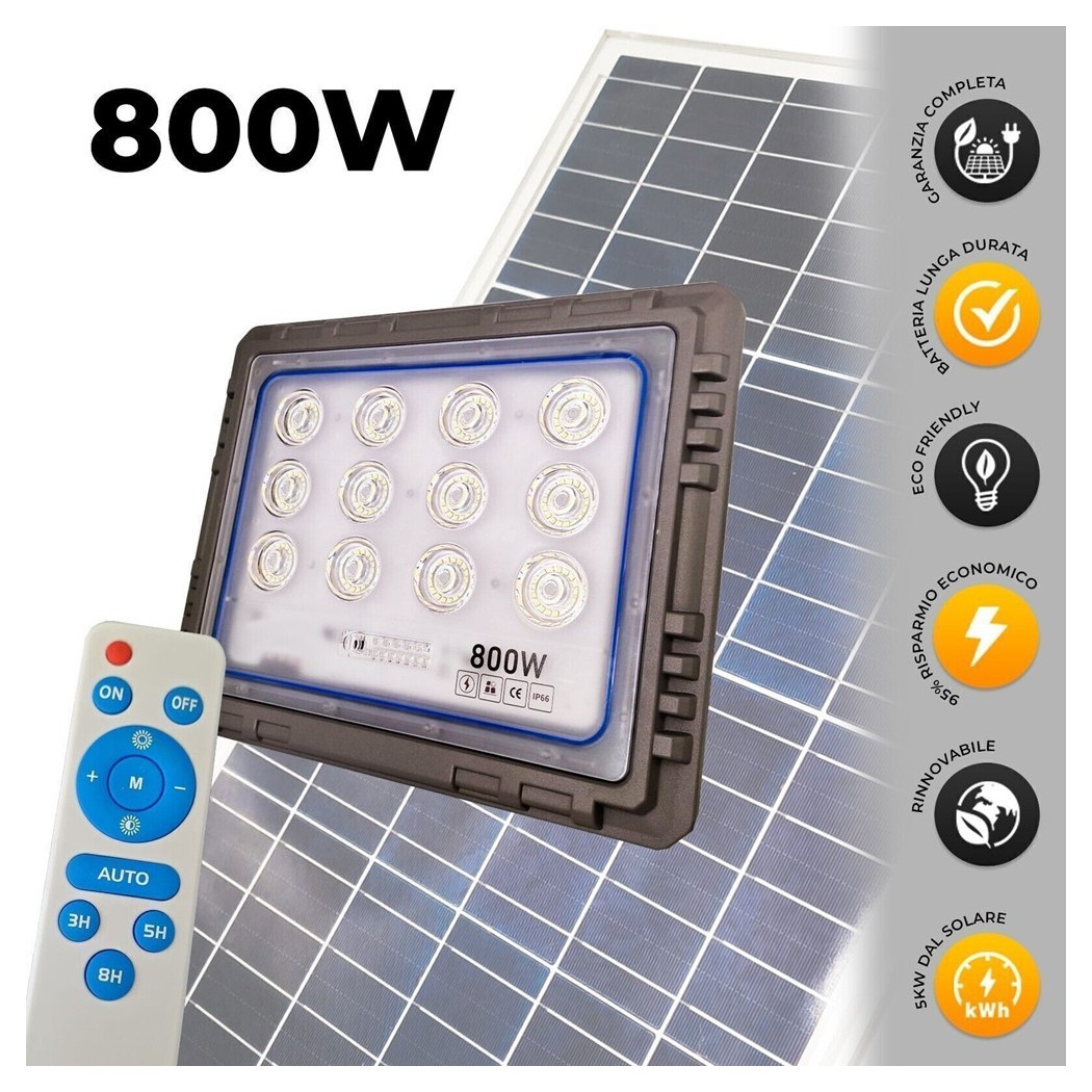 foto del prodotto trade shop faro 800 watt con pannello solare luce forte telecomando batteria lunga durata 