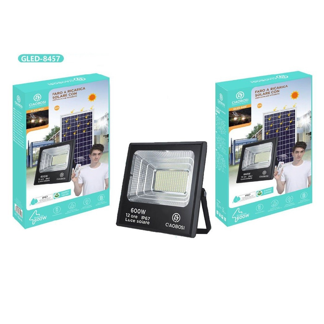 foto del prodotto trade shop - faro a led luce ricarica solare ip67 600w con crepuscolare telecomando gled-8457 -