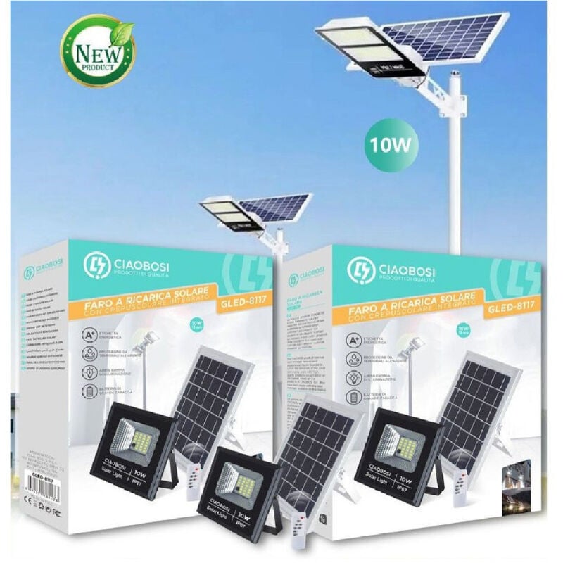 foto del prodotto trade shop faro faretto led pannello a ricarica solare 10 w ip67 con telecomando gled 8117 