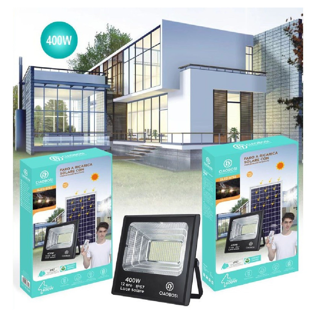 foto del prodotto trade shop faro faretto led pannello solare fotovoltaico 400w ip67 con crepuscolare led 9752 