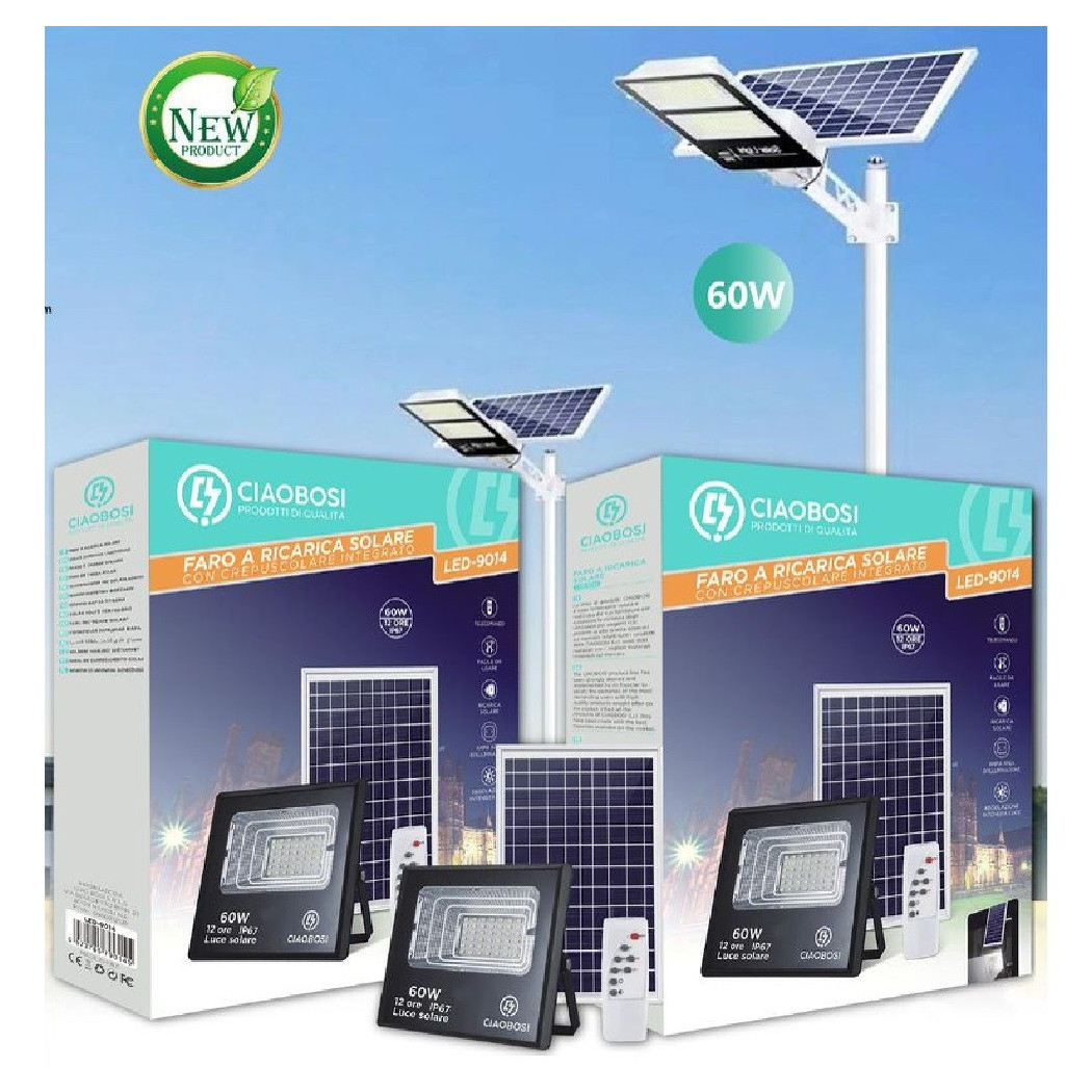foto del prodotto trade shop faro faretto led pannello solare fotovoltaico 60w con crepuscolare ip67 led 9014 