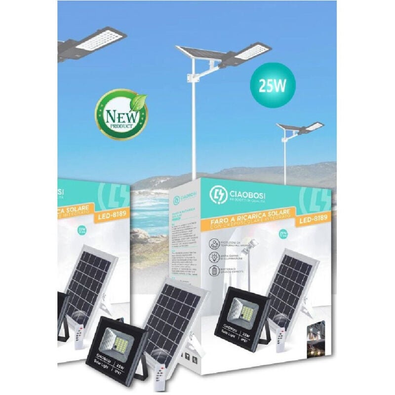 foto del prodotto trade shop faro faretto led pannello solare fotovoltaico ip67 25w con telecomando led 8189 