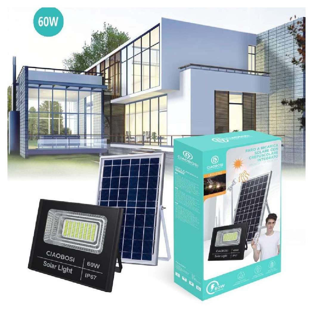 foto del prodotto trade shop faro faretto led pannello solare fotovoltaico ip67 60 w con telecomando led 8192 