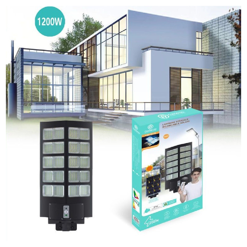 foto del prodotto trade shop - faro led lampione stradale 1200w pannello solare sensore crepuscolare ip67 led-8472 -