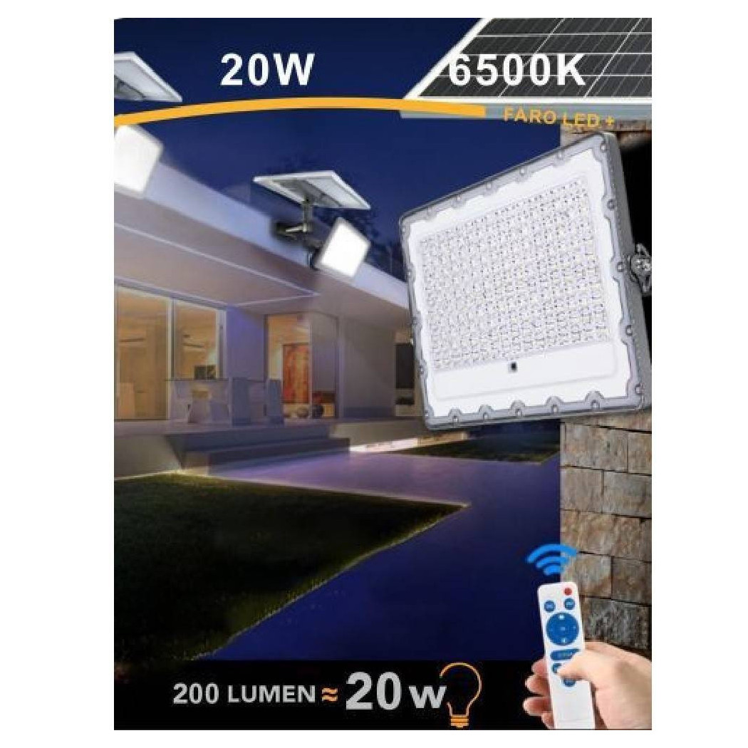 foto del prodotto trade shop - faro led solare crepuscolare 20w pannello energia solare telecomando ip65 sl-20w -