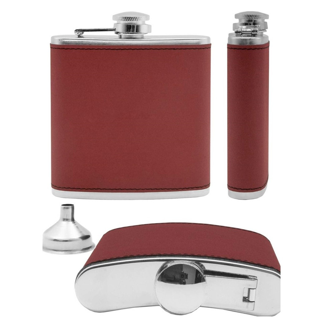 foto del prodotto trade shop fiaschetta in acciaio inox design in pelle con imbuto idea regalo 175 ml rosso 