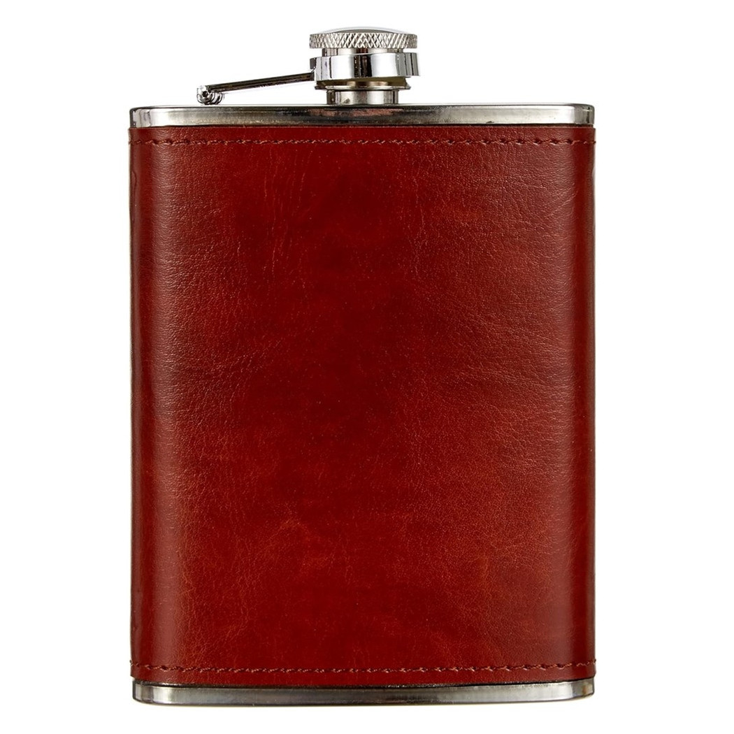 foto del prodotto trade shop fiaschetta in acciaio inox foderata in pelle imbuto incluso per liquori whisky 