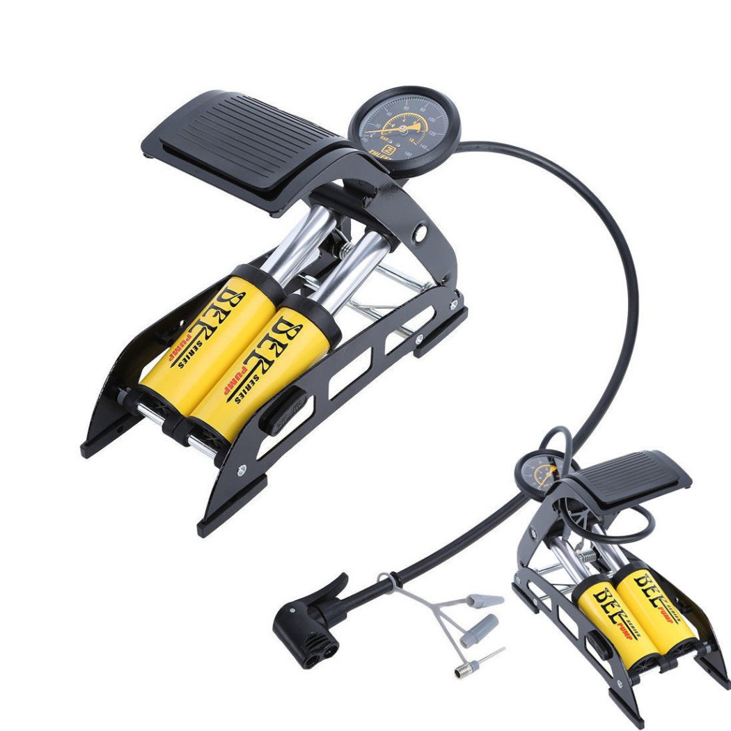 foto del prodotto trade shop gonfiatore pompa a pedale manometro a 2 cilindri bici auto moto 10 bar 160 psi 