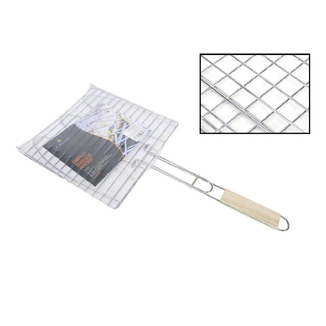 foto del prodotto trade shop griglia quadra barbecue doppia grill manico legno graticola arrosto pesce 28x28cm 