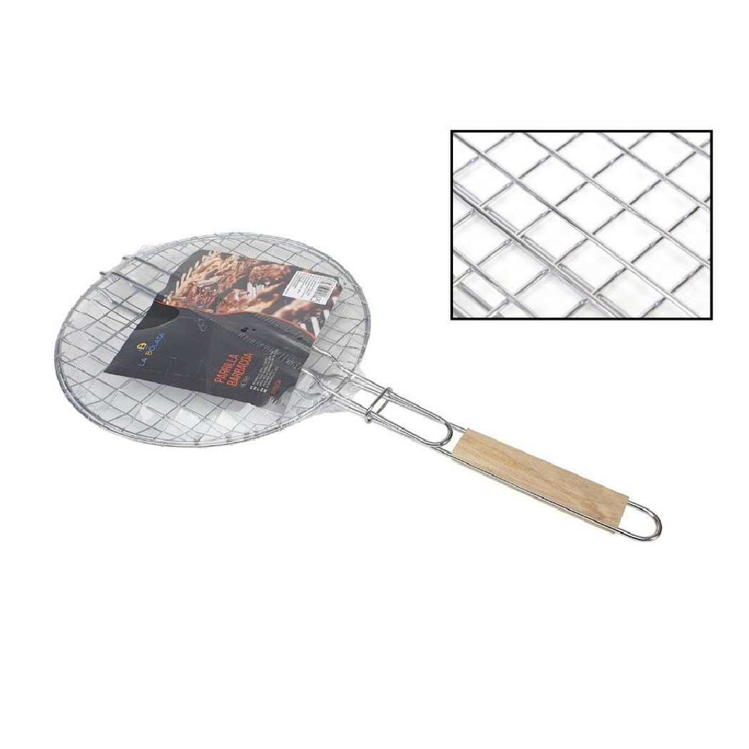 foto del prodotto trade shop griglia rotonda barbecue doppia grill manico legno grigliata arrosto pesce 31,5cm 