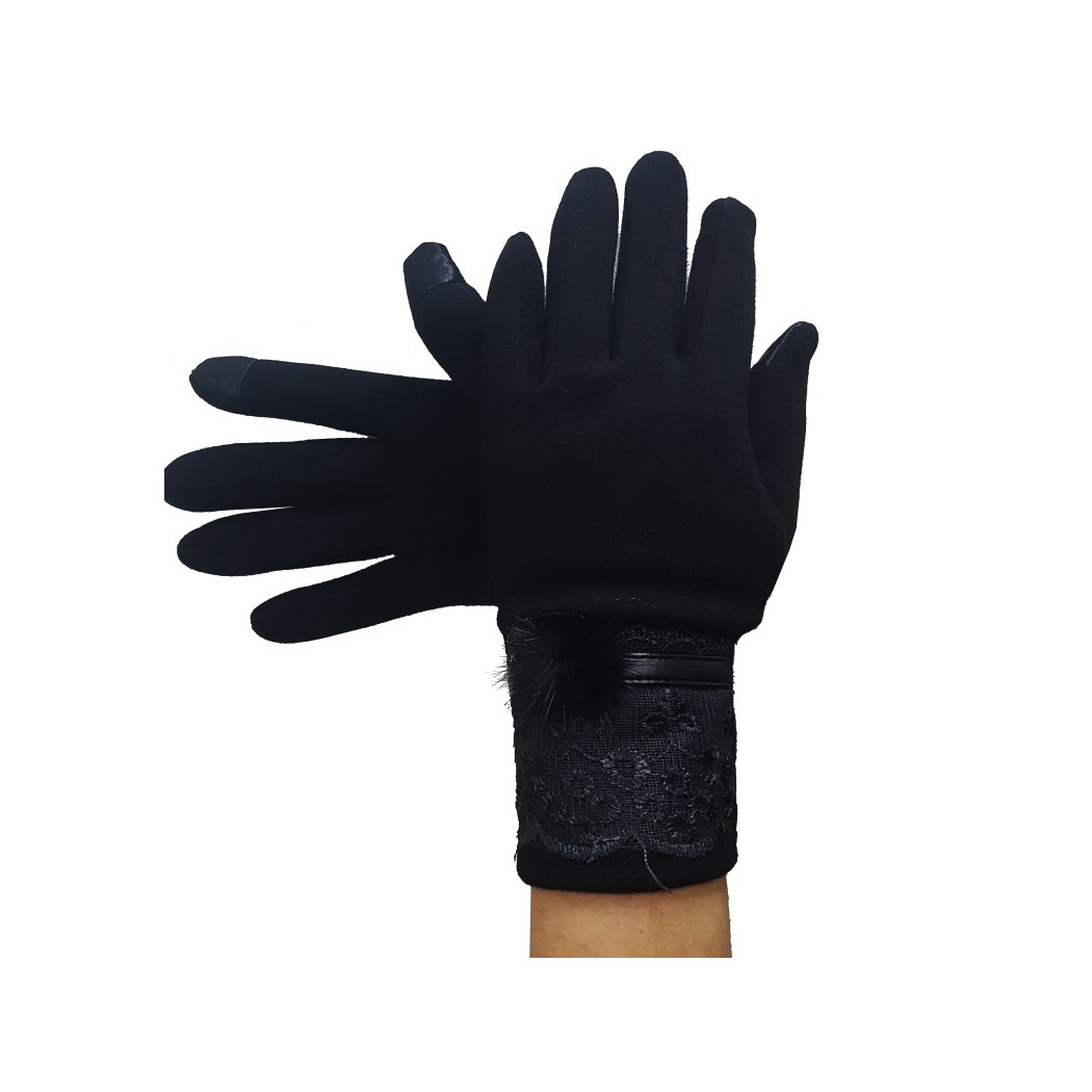 foto del prodotto trade shop guanti tessuto cotone donna nero pon pon pizzo taglia 8 1 2 gloves fodera pile 