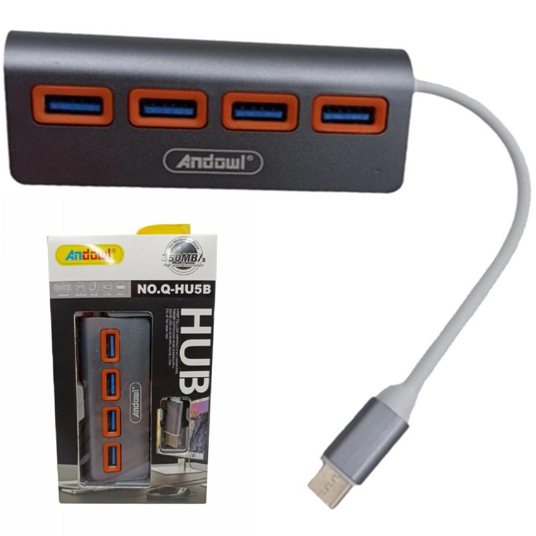 foto del prodotto trade shop hub 4 porte usb 3.0 con connessione usb c type c q hu5b collegamento dispositivi 