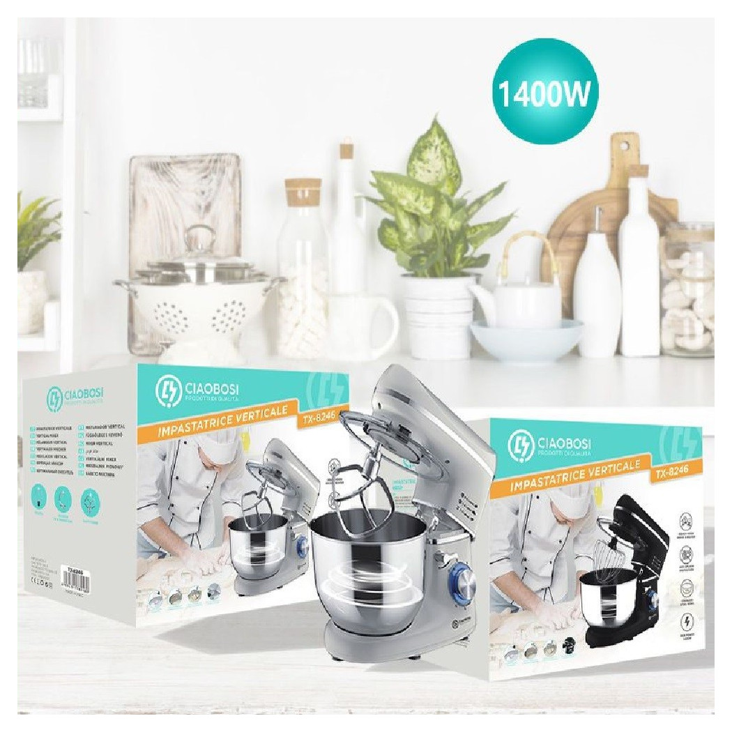 foto del prodotto trade shop impastatrice robot da cucina con accessori 1400 watt mixer tx 8246 con ciotola 