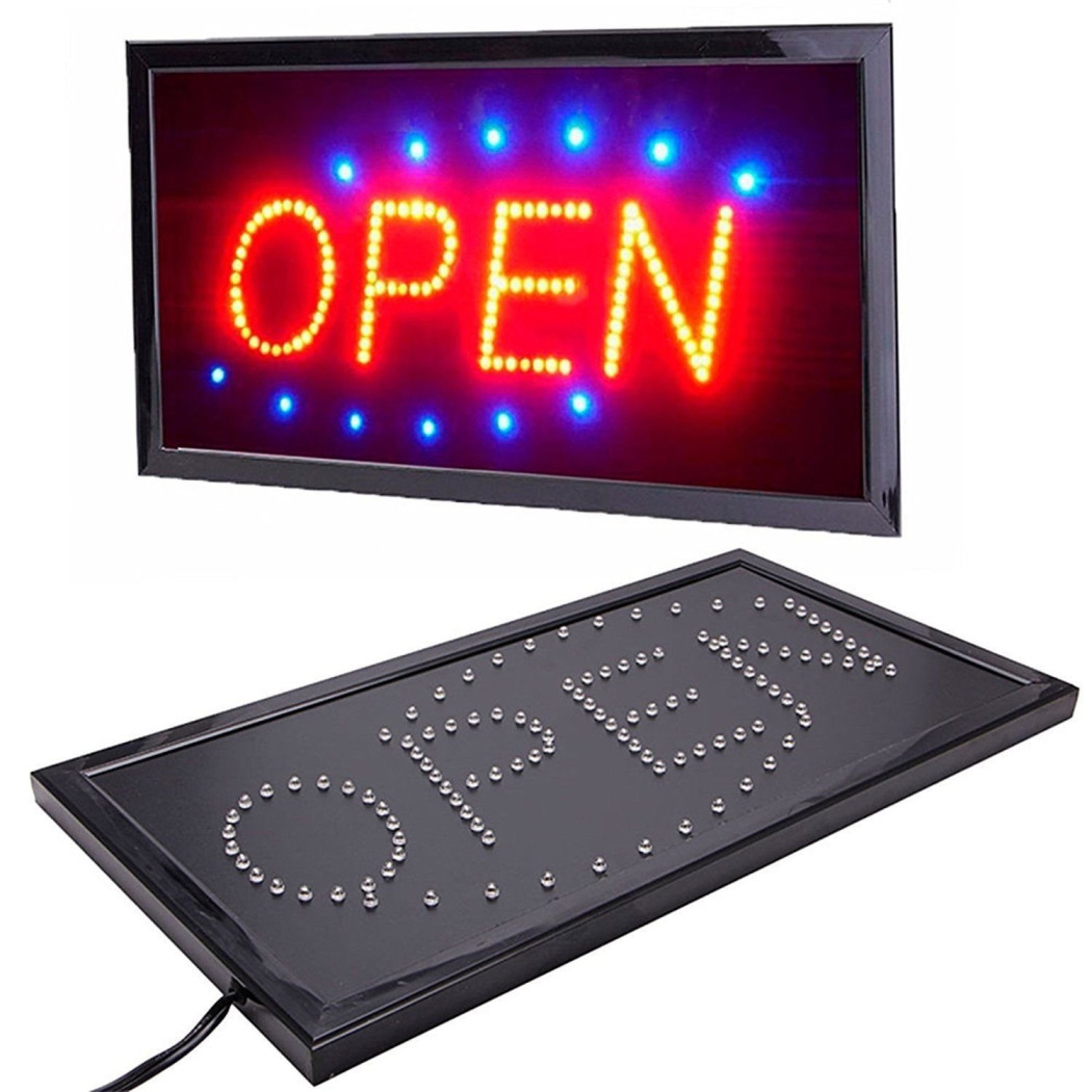 foto del prodotto trade shop insegna luminosa a led con scritta open per vetrina negozio bar ristorante 