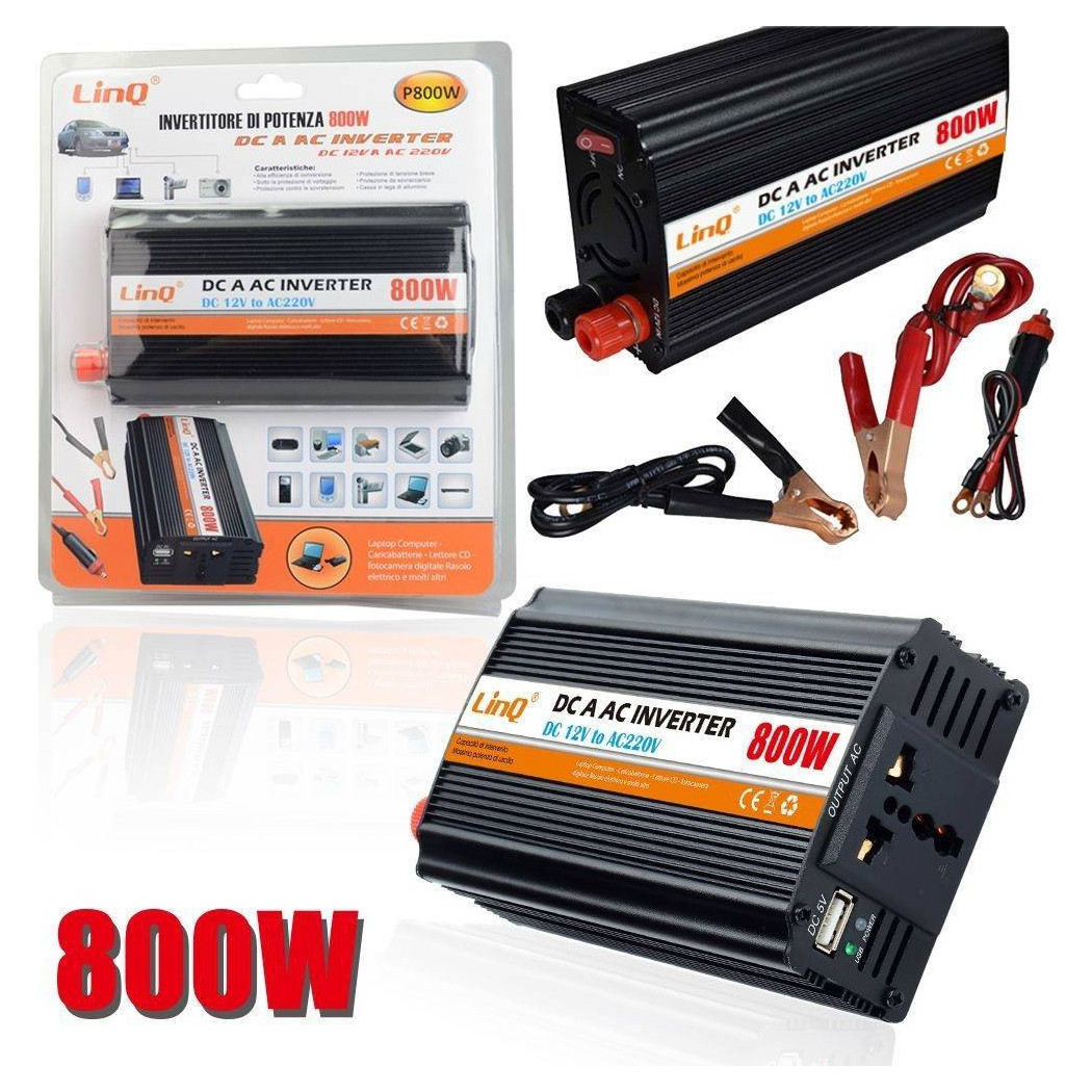foto del prodotto trade shop inverter di potenza 800w 12v 220v convertitore tasto on off pinze batteria p800w 